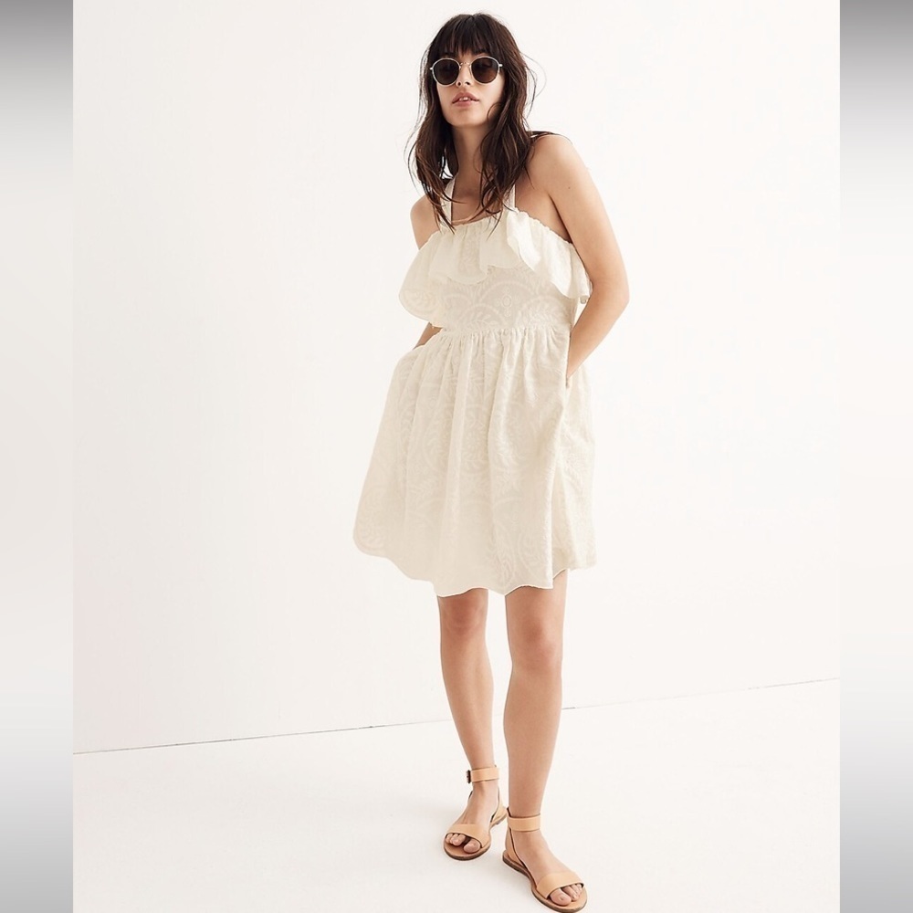 Madewell Embroidered Apron Ruffle Dress White Lace Criss Cross Back Size 10